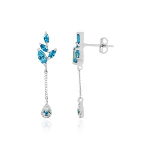 925 Sterling Silver Leaf Dangle With Blue American Diamond