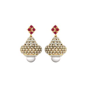 925 Sterling Silver Traditional Jhumki With Diamond & Pearl, Ruby