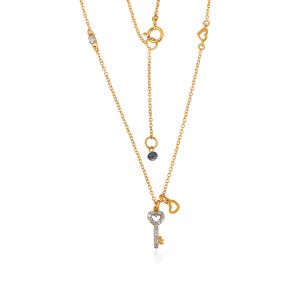 18kt Gold Natural Diamond & Blue Sapphire Key Necklace