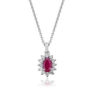 18kt White Gold Natural Diamond & Natural Ruby Minimalist Pendant With Chain