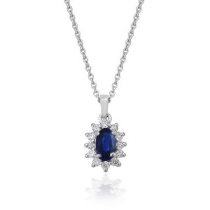 18kt White Gold Natural Diamond & Natural Blue Sapphire Minimalist Pendant With Chain