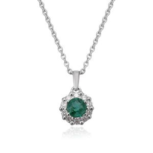 18Kt White gold Natural Diamond & Emerald Mini Pendant With Chain