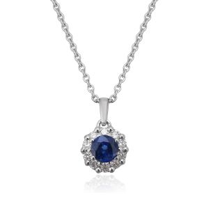 18Kt White gold Natural Diamond & Blue Sapphire Mini Pendant With Chain