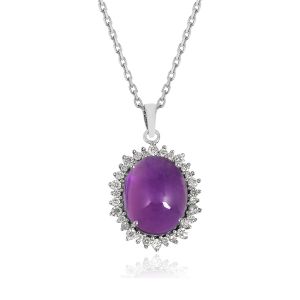 18kt White Gold Natural Diamonds & African Amethyst With Chain For Women Gemstone Pendant