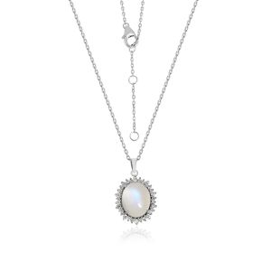 18kt White Gold Natural Diamonds & Moon Stone Blue With Chain For Women Gemstone Pendant