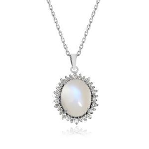 18kt White Gold Natural Diamonds & Moon Stone Blue With Chain For Women Gemstone Pendant