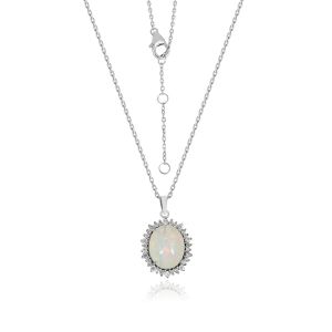 18kt White Gold Natural Diamonds & Ethiopian Opal With Chain For Women Gemstone Pendant