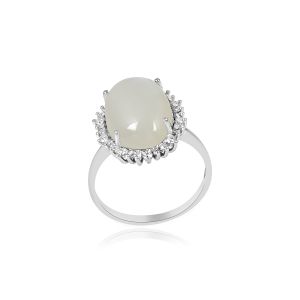 18Kt White Gold Natural Diamonds & White Moon Stone Women Ring