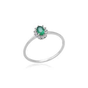 18Kt White Gold Natural Diamond & Natural Emerald Slender Ring