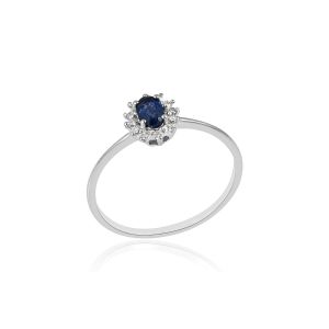 18Kt White Gold Natural Diamond & Natural Blue Sapphire Slender Ring