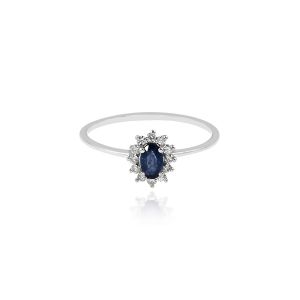 18Kt White Gold Natural Diamond & Natural Blue Sapphire Slender Ring