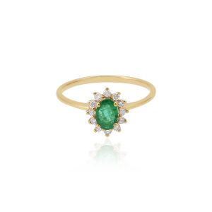 18Kt Gold Natural Diamond & Natural Emerald Minimalist Ring