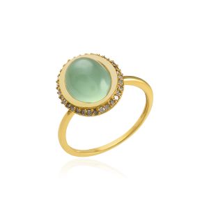 925 Sterling Silver Classic Halo Ring With Aqua Chalcedony & White Topaz