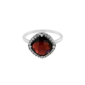 925 Sterling Silver Classic Ring With Garnet & White Topaz