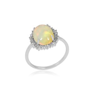 18Kt White Gold Natural Diamonds & Natural Ethoipian Opal Woman Gemstone Ring
