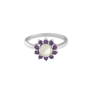 925 Sterling Silver Floral Ring With Natural Amethyst & White Topaz
