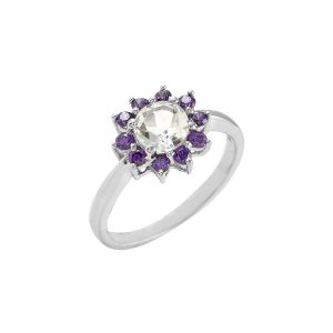 925 Sterling Silver Floral Ring With Natural Amethyst & White Topaz